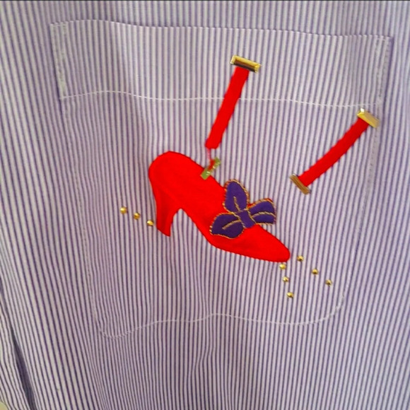 Red Hat Society Purple & White Stripes with Appliques / Bling Button Down Shirt - Picture 6 of 13